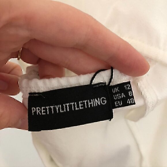 NEW NWT PRETTYLITTLETHING Woven Cross Front Cutout Stirrup Hem Top Cream Ivory 8 - Picture 6 of 12